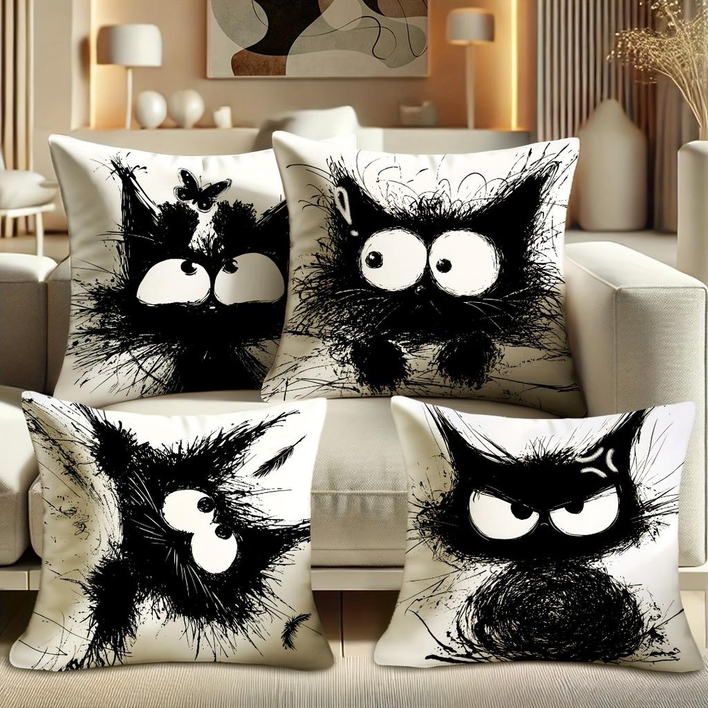4pcs Cushion Cover Cute Black Mao Mao Cat Printed Washable Cushion Cover Halloween Themed Party Living Room Bedroom Decoration