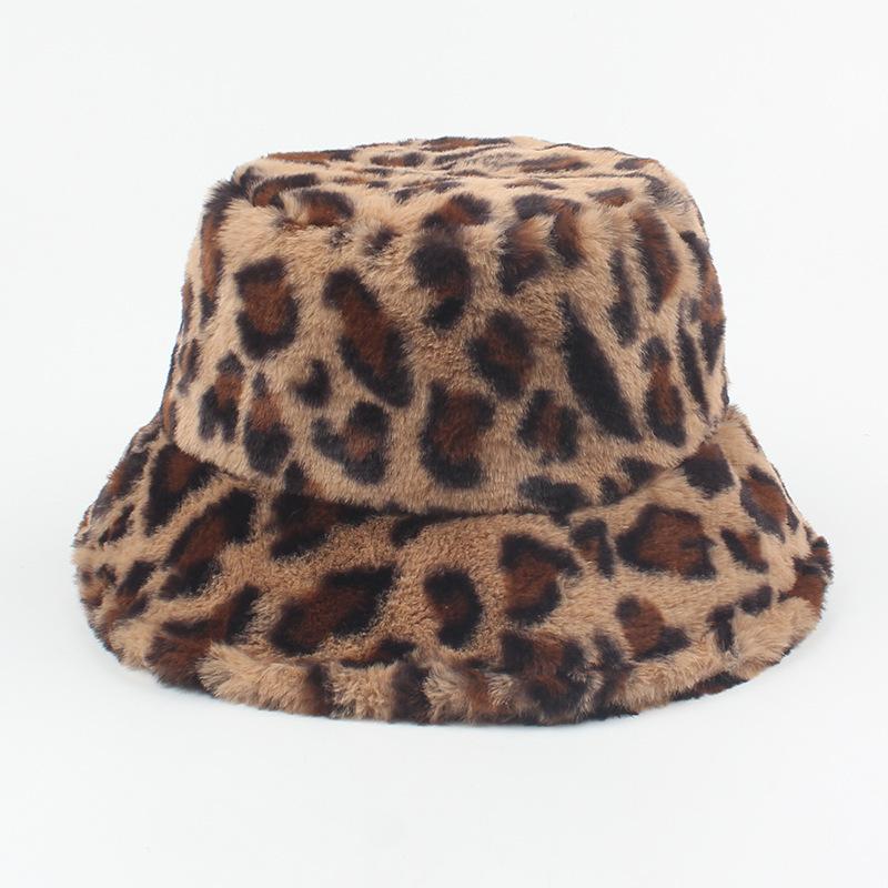 Winter Hat for Women's Fashionable Leopard Print Plush Fisherman Hat Versatile Cold Proof and Warm Basin Hat Showing Face Small Bucket Hat
