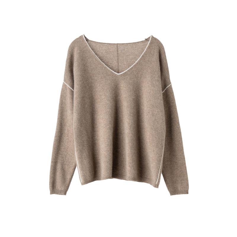 Women's V-Neck Cashmere Knit Pullover - Loose Fit, Long Sleeve, Autumn/Winter Fashion