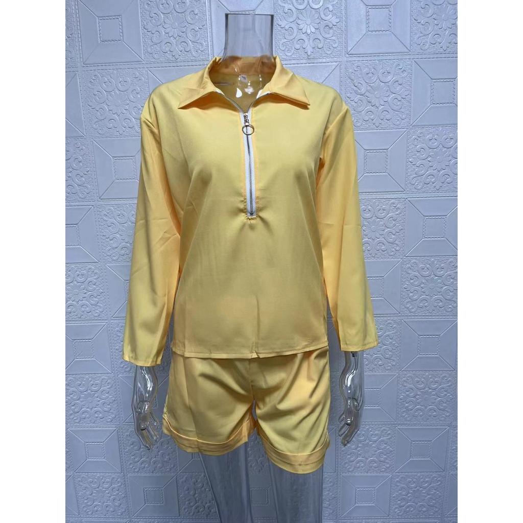 Women's sets summer long-sleeved lapel printed zipper shirt shorts clothes sale
