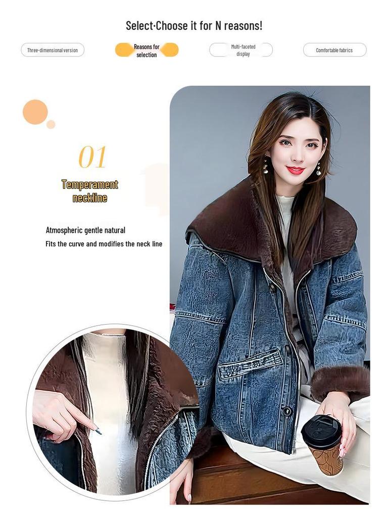 Women's Plus Velvet Cropped Denim Jacket - Winter 2025 Trendy Fashion, Warm & Casual.