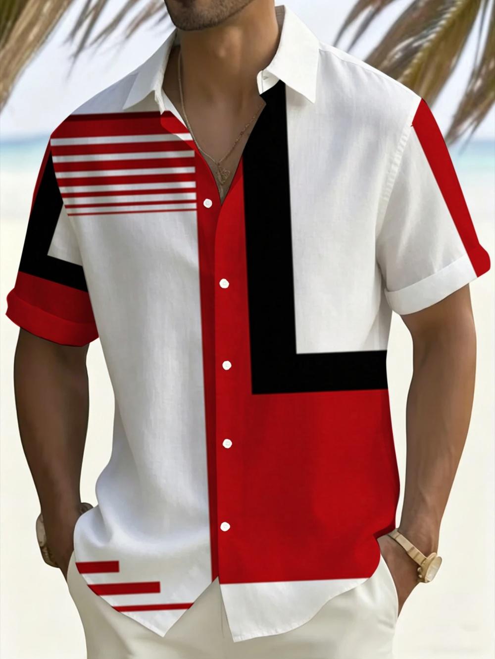 Summer Men s Shirt Vintage Patchwork Printed Short Sleeve Shirt Casual Fashion Comfortable 3D Striped Pattern Loose Men Clothing S