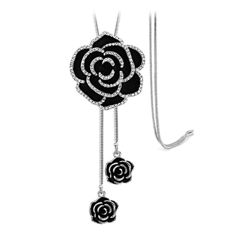 Black Rose Flower Long Necklace Sweater Chain Metal  Pendant Necklaces Adjusted