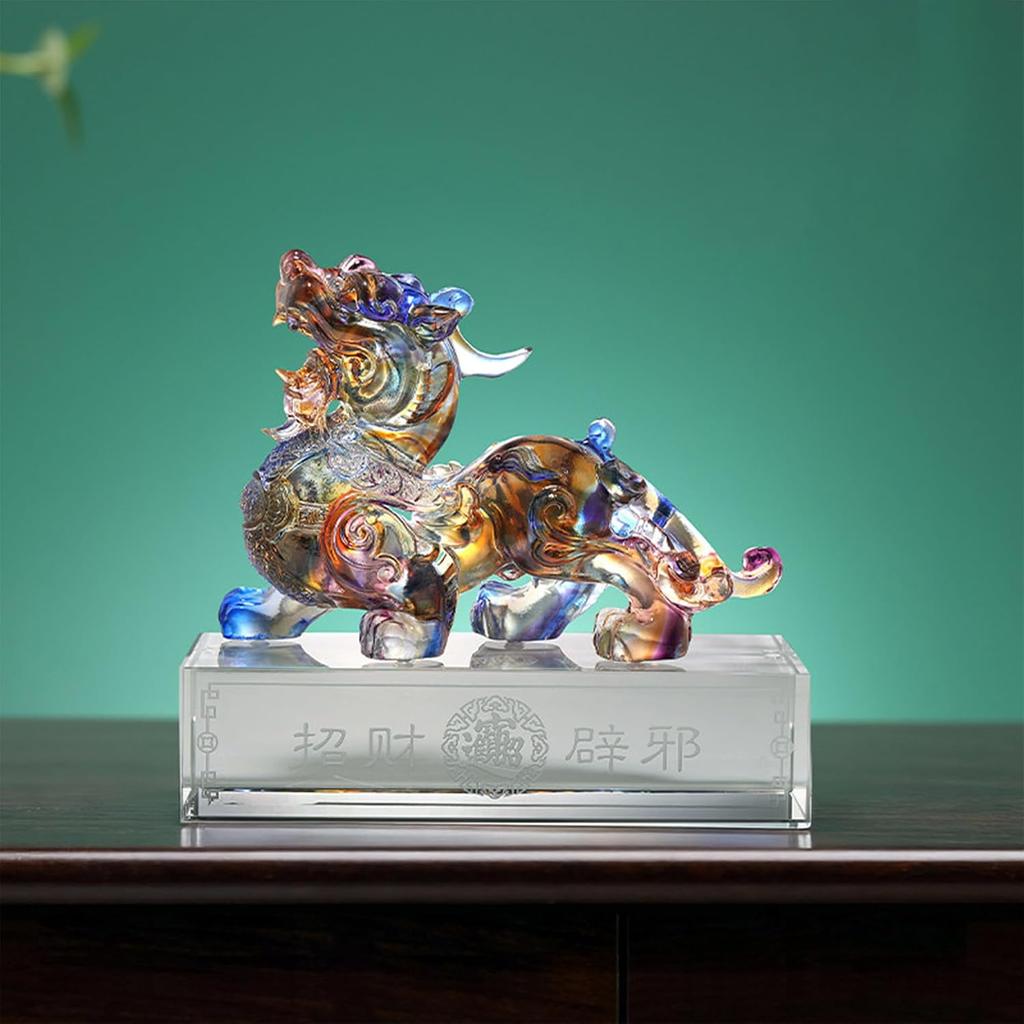 Aris & Juno Liuli Handmade Glazed Pixiu Pair Sculpture, Fortune Wealth Guardian Ruyi Ornament Set, Chinese Style Home Office Desk Decoration, Feng