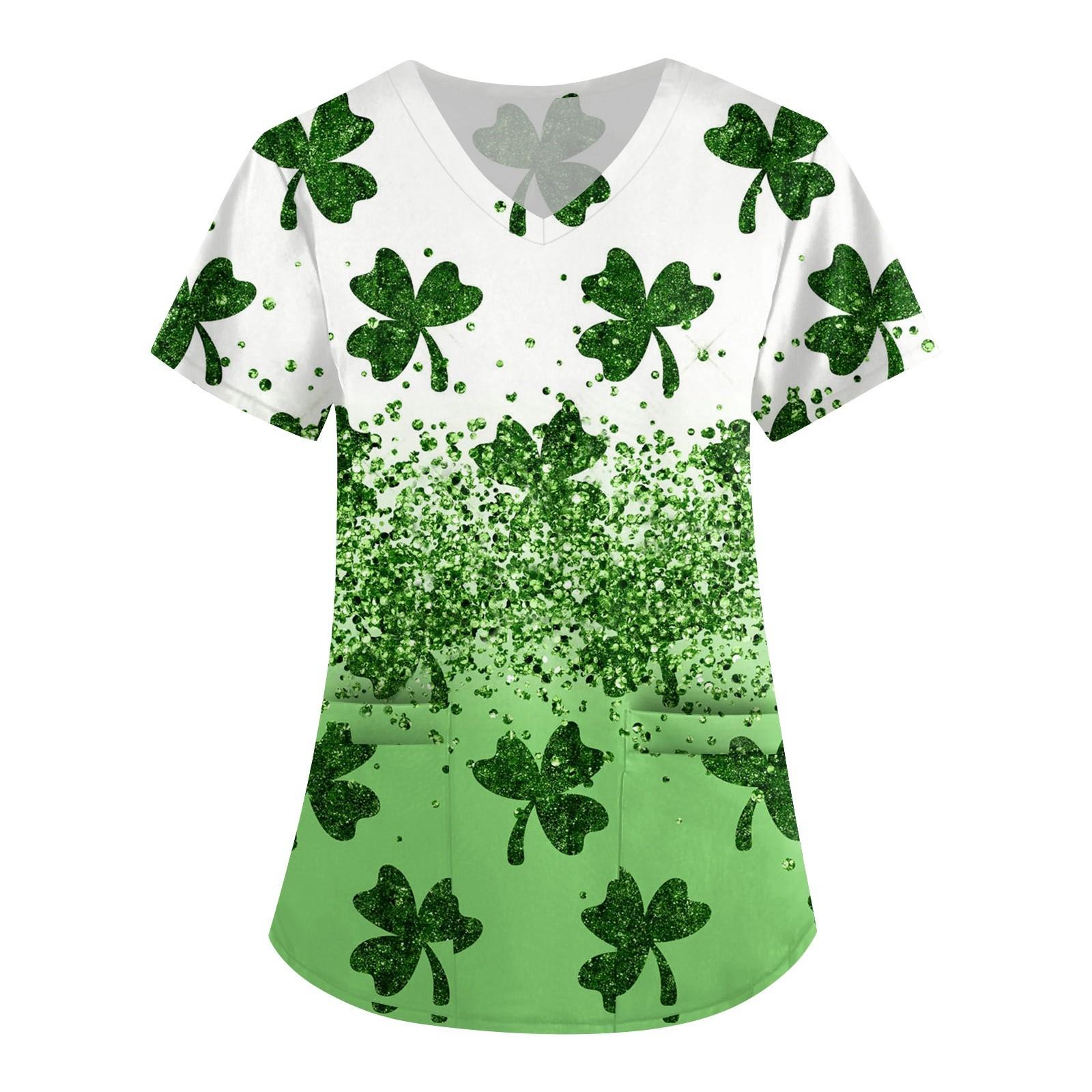 

Женская симпатичная принтованная рабочая одежда с V-образным вырезом, двухслойными карманами, базовым коротким рукавом, пуловером L армия зеленый