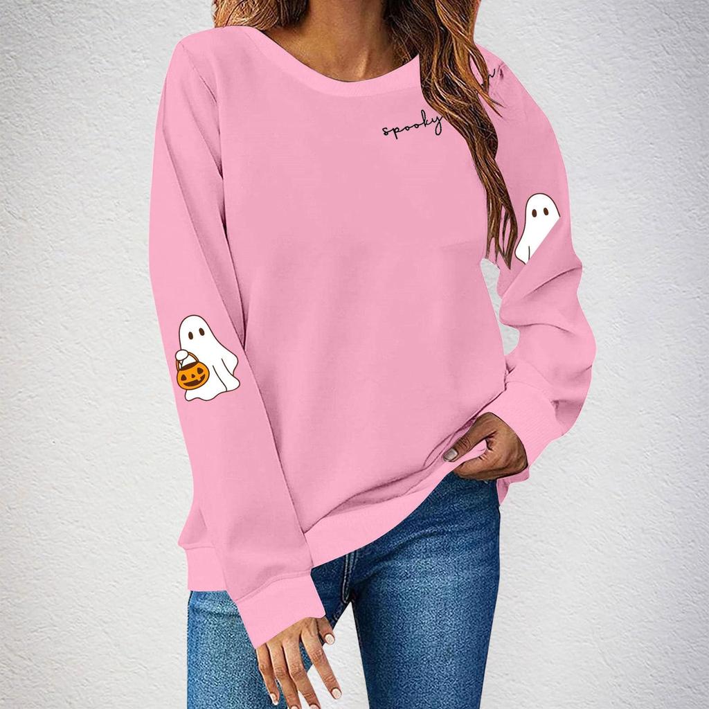 Women's Halloween Ghost Print Fleece Lined Crew Neck Sweatshirt, European Sizes S-3XL - Long Sleeve Casual Sportswear