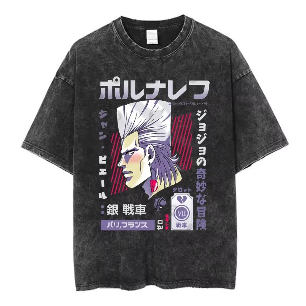 Anime JoJos Bizarre Adventure summer New Unisexs Washed Tshirt Killer Queen pattern Cotton Fashion Streetwear shirt M