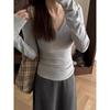 Women's Slim Fit V-Neck Long Sleeve White Base Layer T-Shirt for Fall/Winter