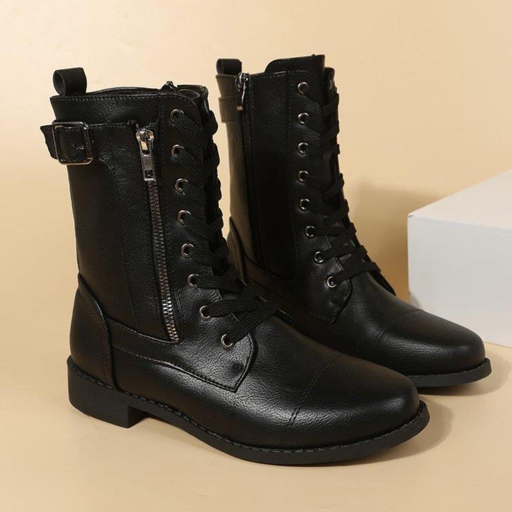 Fashion Retro Women's Boots Round Toe Womens Mid Calf Boots Large Size Zip Motorcycle Boots Low Heel Women Shoes Trend New Botas Mujer