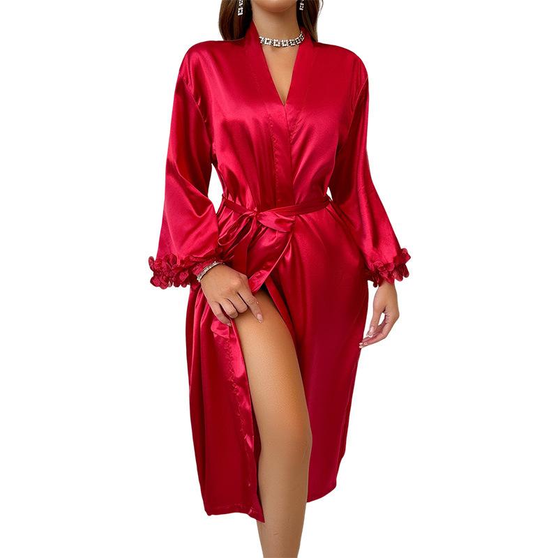Summer Sexy Faux Silk Bathrobe, Fashionable Casual Home Wear, Polyester Long Women's Lace-up Bathrobe
