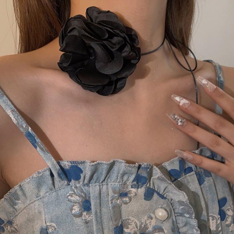 Elegant Big Camellia Choker Neckband Flower Collar Necklace Vintage Choker Long Lace Up Necklace Fashion Jewelry