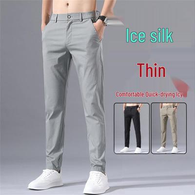 Men's Summer Quick-Dry Ice Silk Trousers: Lightweight, Sunscreen, Elastic, Wear-Resistant Work Pants.