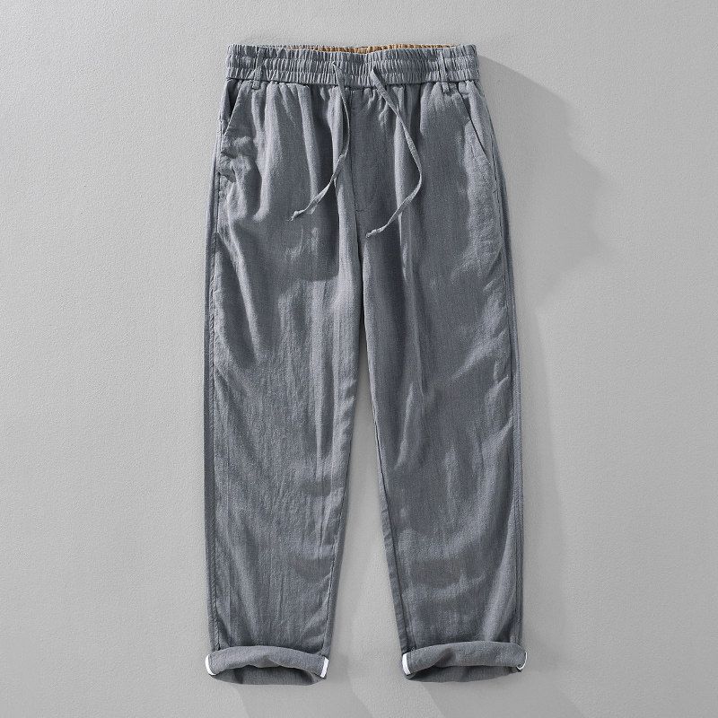 Export Surplus Elastic Waist Drawstring Ramie Simple Tencel Pants Men s Summer Loose Straight-Leg Workwear Versatile Casual Pants Gray(1352) L