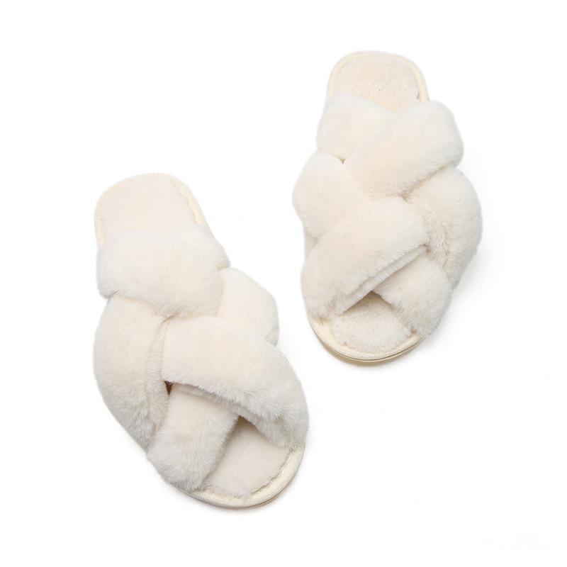 Mesh cross plush slippers, winter plush flat floor mop, exposed toe warm cotton mop