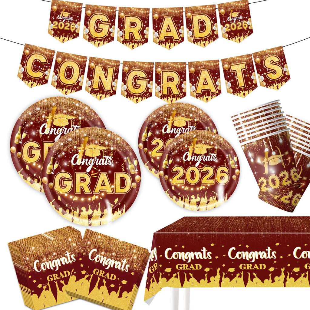 2026 Red & Gold Graduation Party Supplies: Paper Plates, Flags, Napkins & Swirls