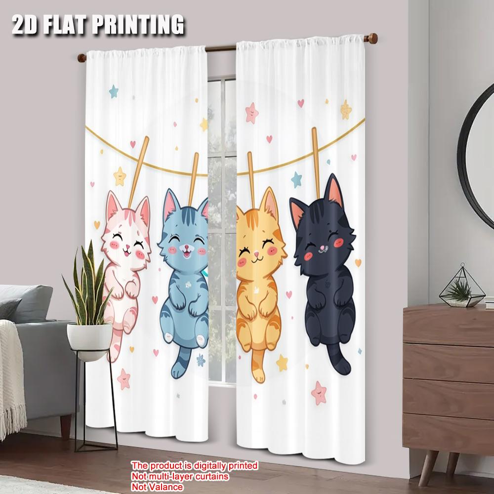 Flat Printing Curtain Cute Hanging Cats Versatile Fabric Without Electricity Family Party Decoration Perfect Bedroom Set Of 2 Made Polyester Washable