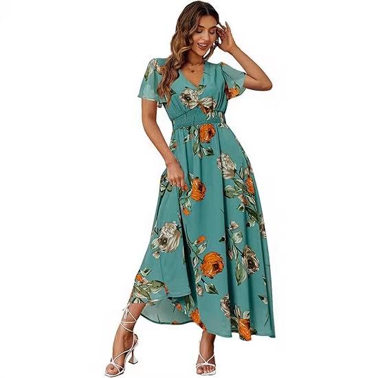 European and American Women's Clothing New V-neck Printed Dress Temperament Elegant Casual Waist Dress