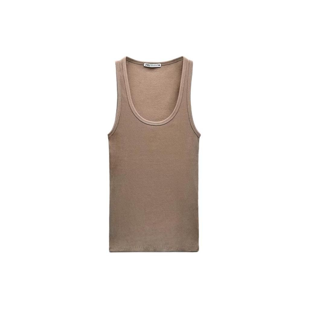 Zara Solid Color Square Neck Comfortable Casual Versatile Vest Women tops Khaki 2335003-706