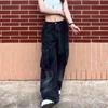 High-quality Vintage Loose Wide Leg Pants Big Pocket Black Denim Cargo Pants Female Casual Streetwear Jeans Trousers for Women