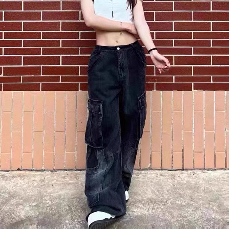 High-quality Vintage Loose Wide Leg Pants Big Pocket Black Denim Cargo Pants Female Casual Streetwear Jeans Trousers for Women