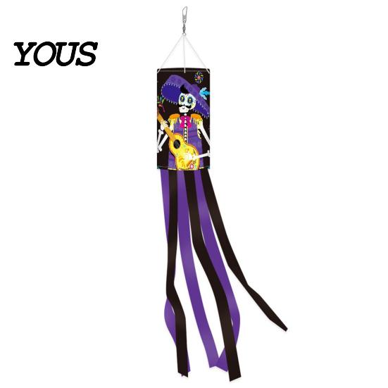 Spooky Festival Door Decor Day of The Dead Windsocks, Dia De Los Muertos Hanging Flag, Floral Props Skull Wind Socks with Flowing Tails for