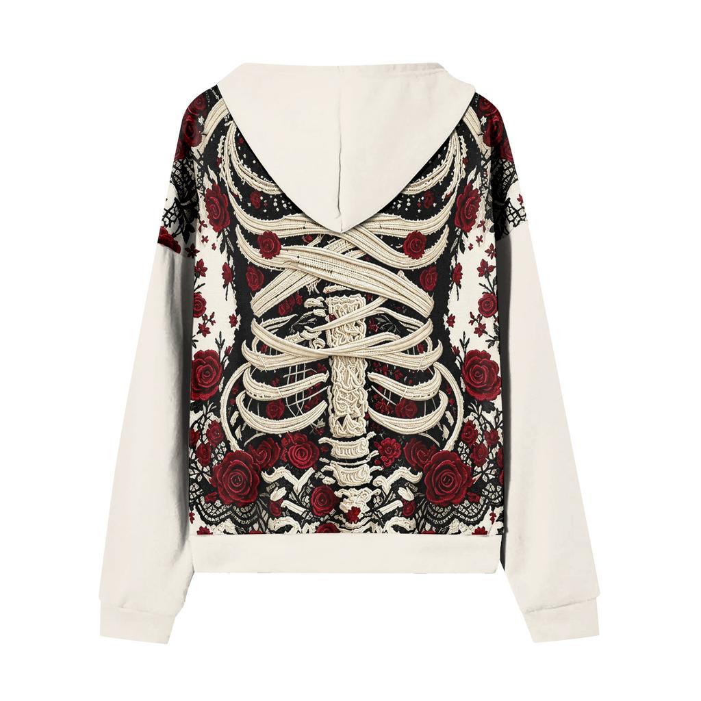 Women's Casual Long Sleeve Zip-Up Hooded Sweatshirt with Halloween Print