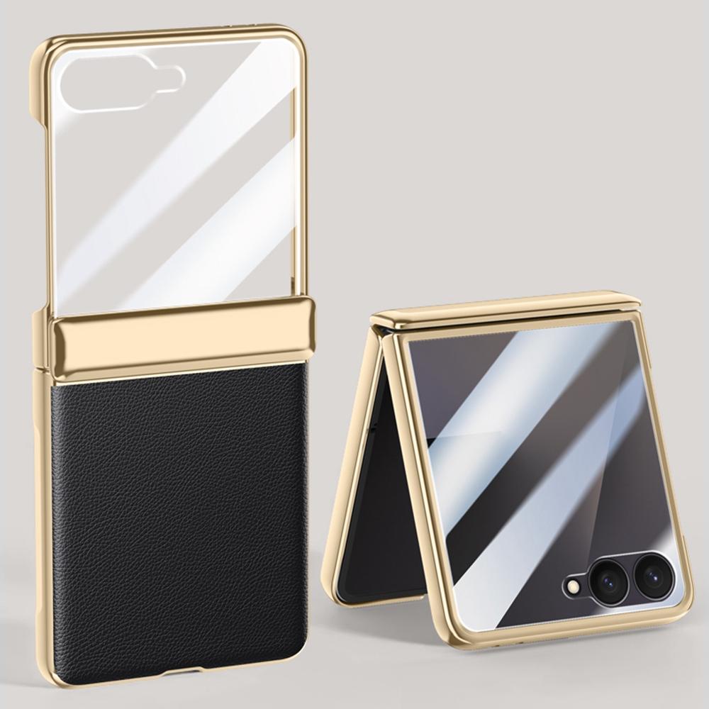 För Samsung Galaxy Z Flip7 5G Skal Gångjärnsskydd Läder+PC Elektropläterat Telefonskal med HD Bakre Liten Skärmskydd