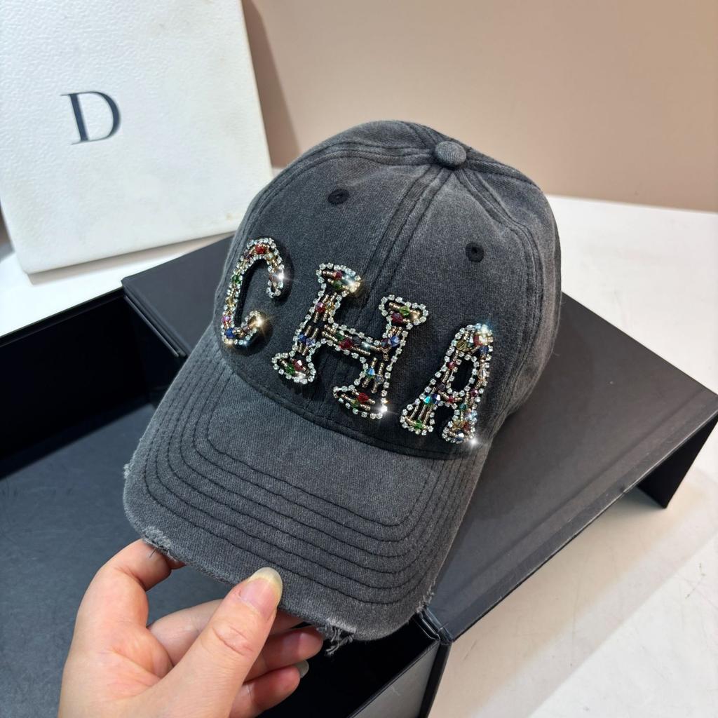 Heavy Industry Hand-sewn CHA Small Fragrant Wind Cap Spring and Summer Four Seasons Rhinestone Alphabet Casual Hat Fashionable Personalized Casual Hat