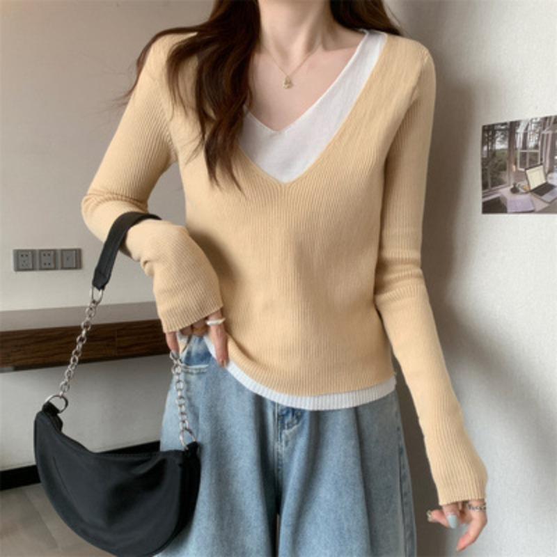Temperament V-neck Knitwear Bottoming Tops Women's Autumn Slim Thin Pullover Sweater