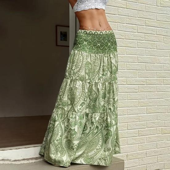 Maxi Skirt Pleated High Waist Printing A-Line Long Skirt Ruffle Splicing Design Leisure Vacation Women Skirt Daily Wear