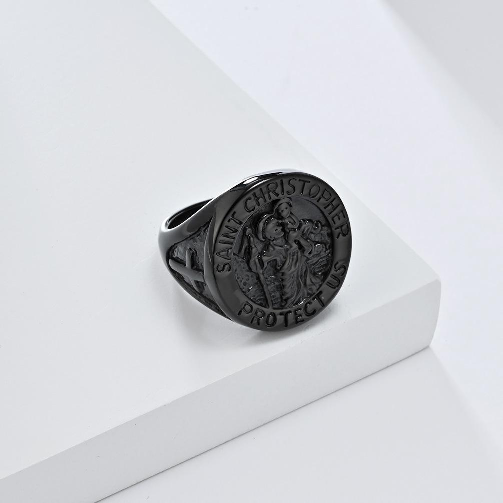 New Vintage Guardian St. Christopher Titanium Steel Ring for Men Personalized Hip Hop Stainless Steel Jewelry Teenage Boys Faith Finger Ring