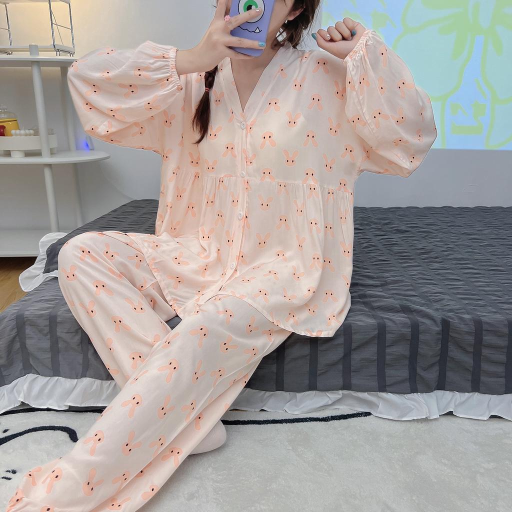 Spring and Summer Thin Pajamas Women's New Button Cardigan Rayon Long-sleeved Trousers Pajamas Set V-neck Korean Version