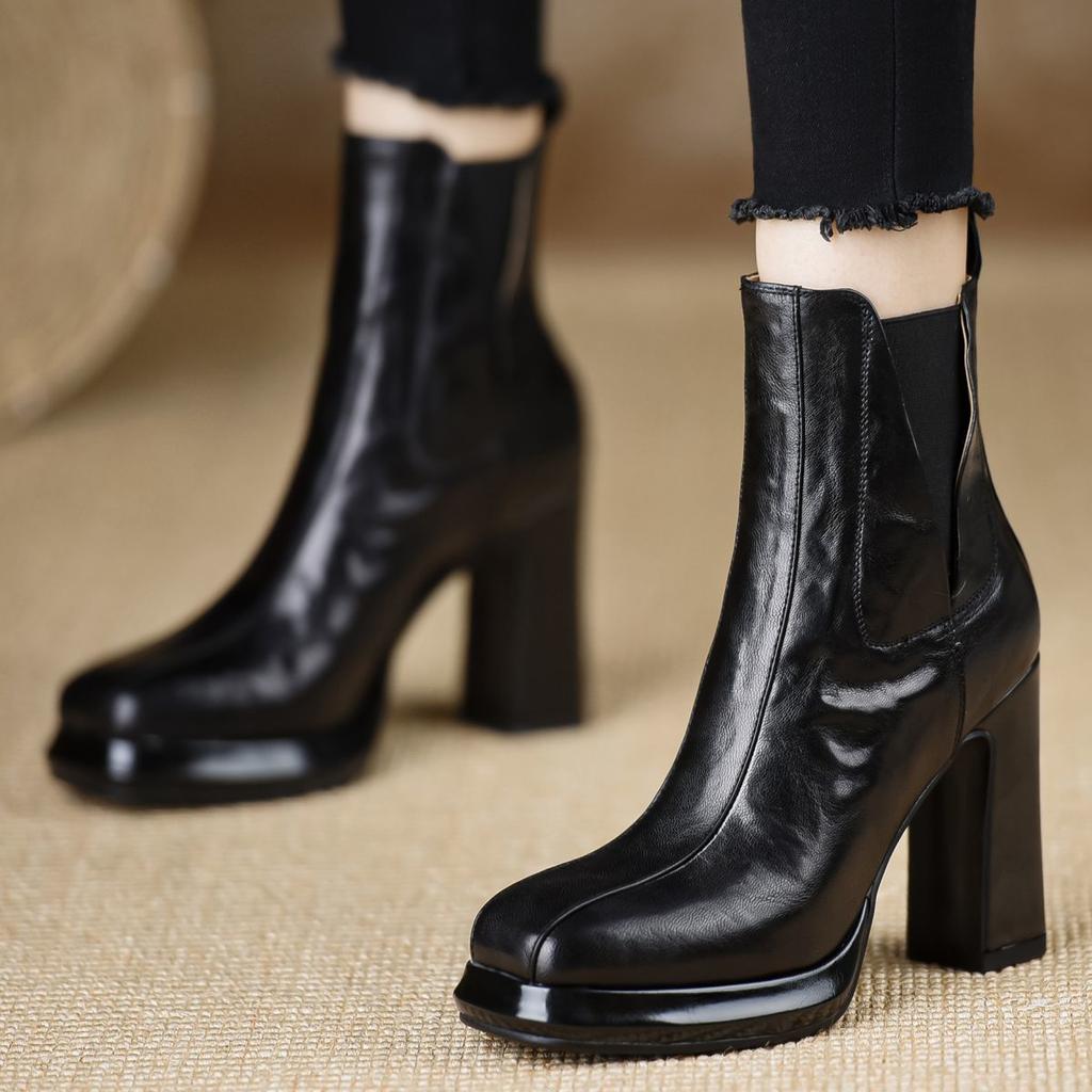 Waterproof table thick heel 2025 autumn new foreign style versatile comfortable high heel boots elastic heightening short boots brown