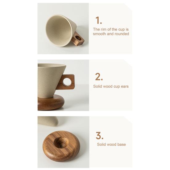 Vintage Kahve Kupası Seramik Konik Kupa Ahşap Saplı ve Tabaklı Stabil Çay Kupası Çay ve Kahve Severler İçin Eşsiz Hediye