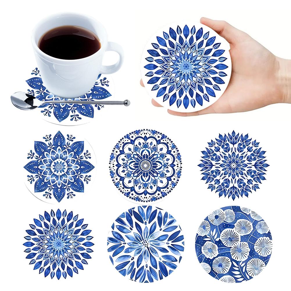 

6Pcs Wooden Blue And White Porcelain Mandala Drinks Coasters Non Slip Round Coasters Coffee Mug Coasters for Desktop