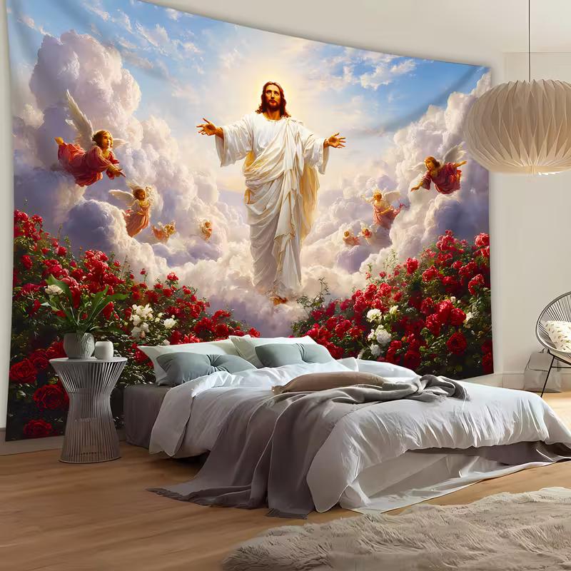 2D Christian Jesus Tapestry Religious Art Wall Hanging for Living Room