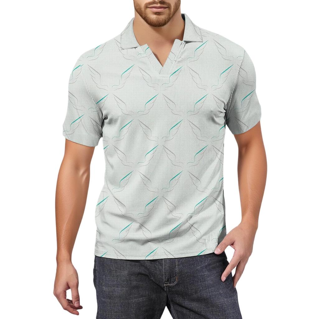 Moda Hombre Top Estampado Cuello en V Manga Corta Camiseta de Golf
