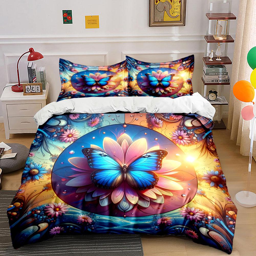 3Pcs Blue Butterfly and Lotus Bedding Set, Colorful Mandala Print Duvet Cover + 2 Pillowcases, Zen Nature Decor