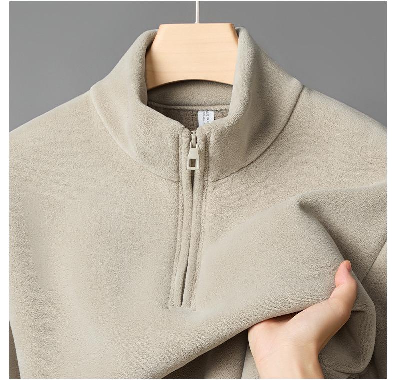 2025 Winter Men's Ollie Fleece Flannel Half-Zip Stand Collar Hoodie with Plus Velvet for Warmth and Cold Protection