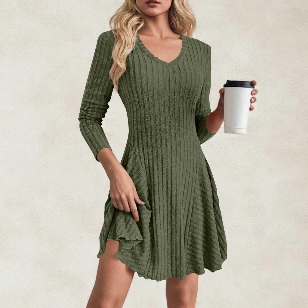 Women's Fashion Casual Solid Color V-neck Long-sleeve A-line Dress