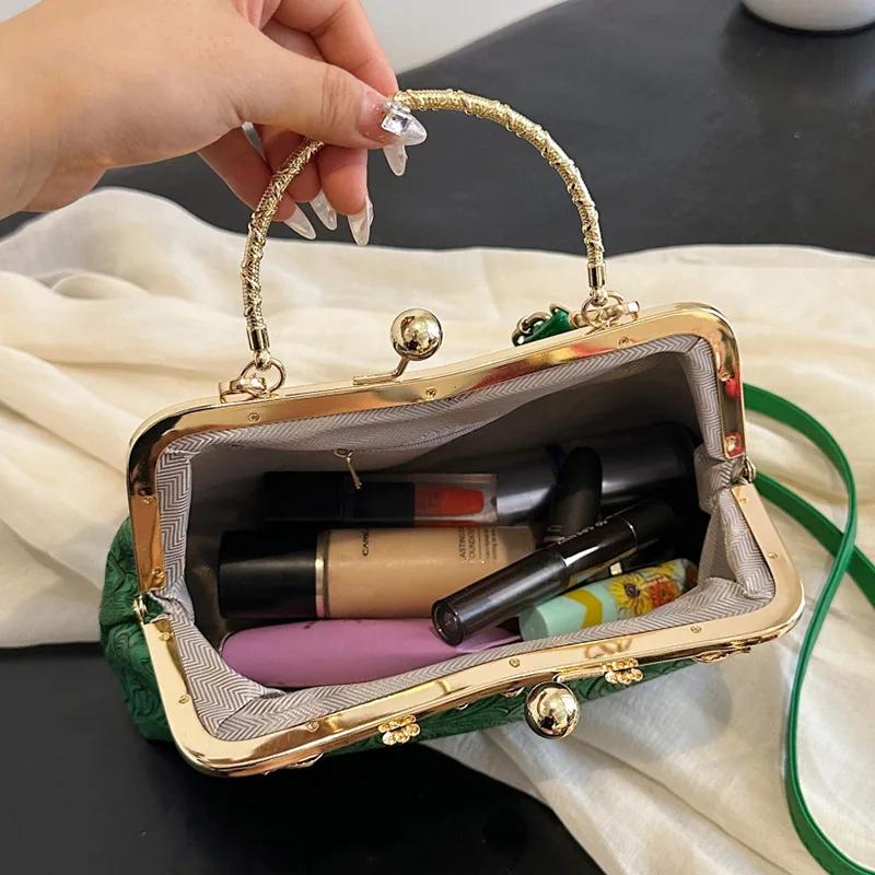 Chinese Style Prom Print Women Elegant Shoulder Bag Lady Chain Dinner Bags Green Shell Clip Fashion PU Leather