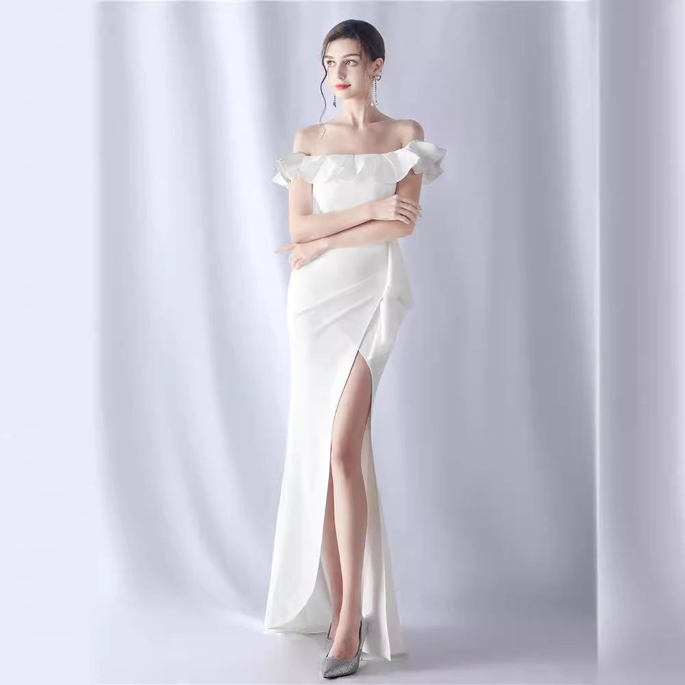 One-word Shoulder Burgundy Tube Top Banquet Evening Dress Dress High Texture Sexy High Split Harpoon Tail Dress Long