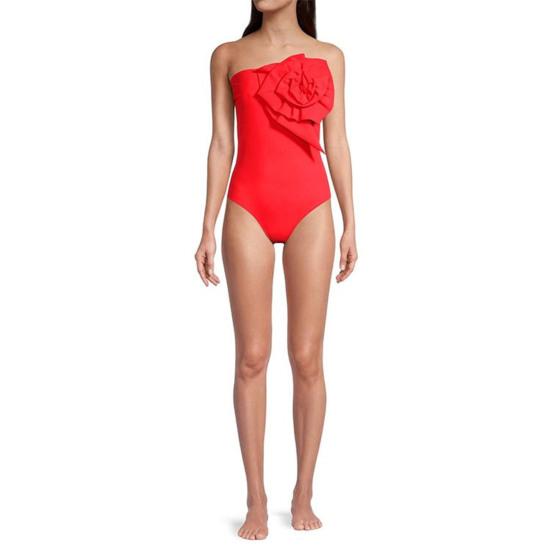Women Monokini Bandeau Sleeveless 3D Flower Decor One-piece Bikini Solid Color Backless Quick Drying Swimwear