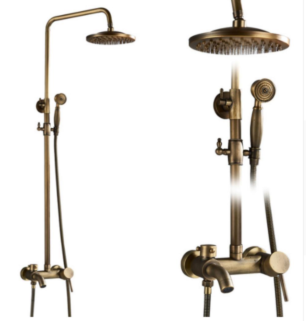 

Antique Bathroom Rainfall Shower Faucet Set Wall Mount Dual Handle With Handshower Brass Bathroom Shower Mixer Tap