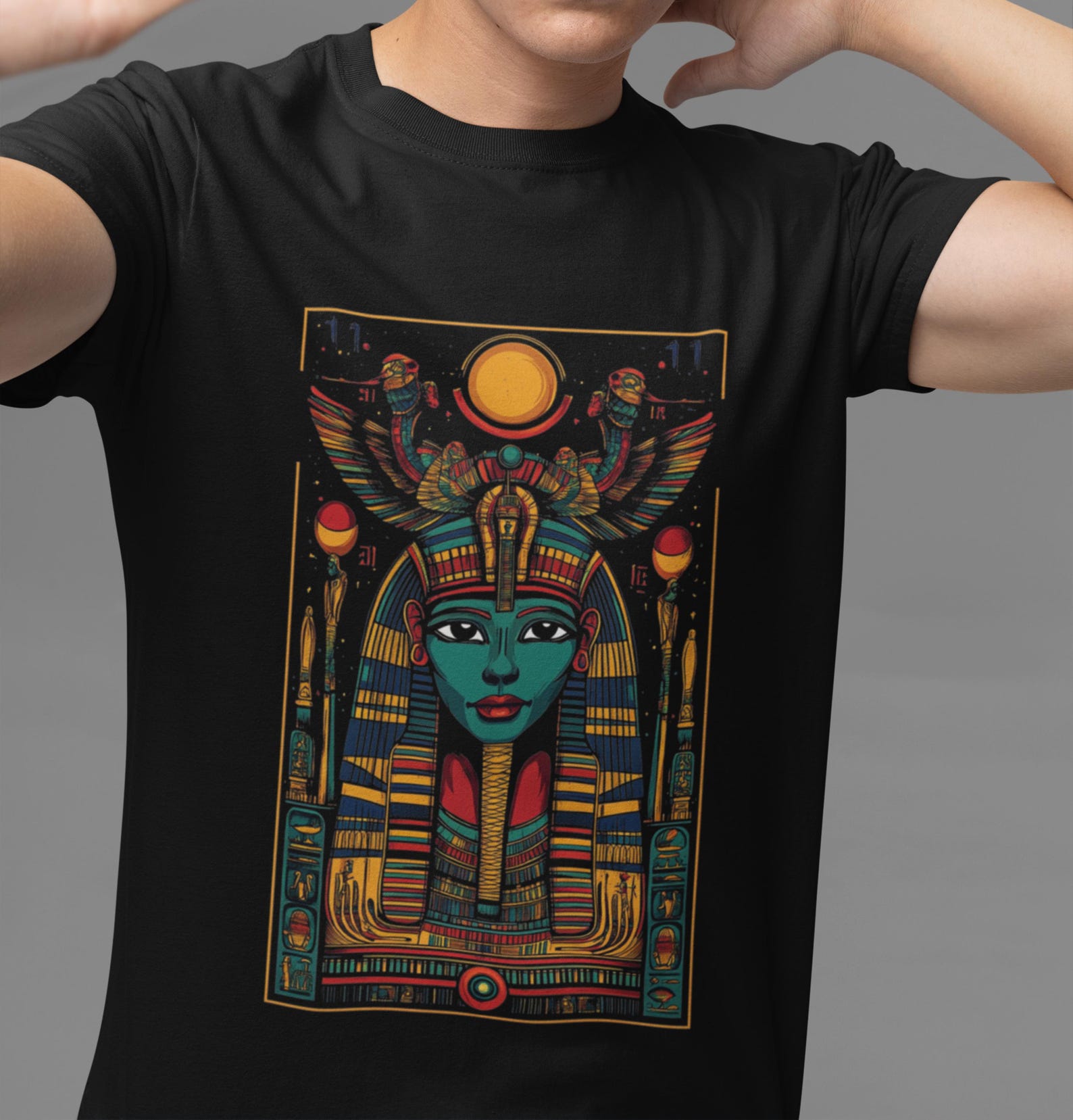 Egyptian Goddess T-Shirt: Hieroglyphs, Bold Colors, Ancient Design 3XL