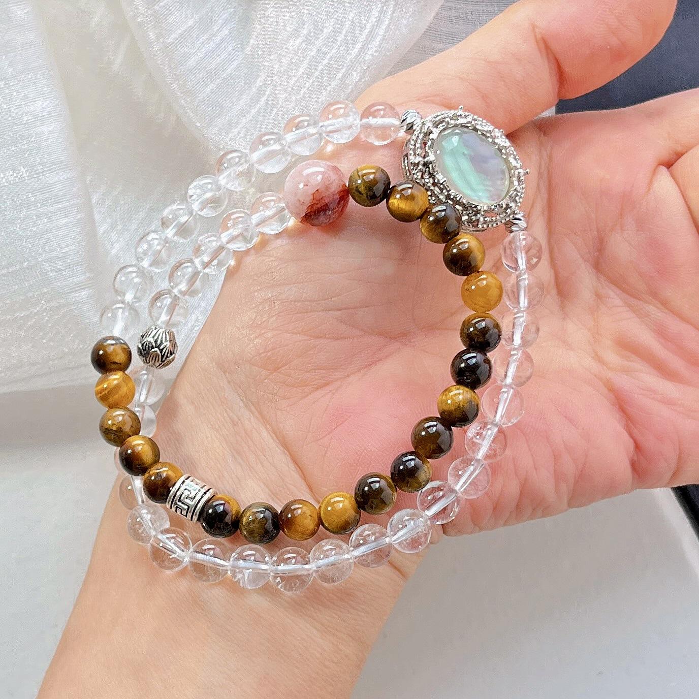 6Mm Retro Natural Tiger S Eye Stone White Crystal Design Bracelet Bracelet.