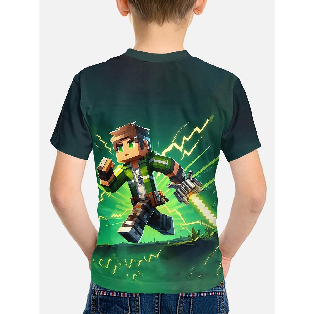 Boys' 3D Printed Creative T-shirt with Pixel Warrior Pattern, Children's Summer Casual Wear, Comfortable Children's Top