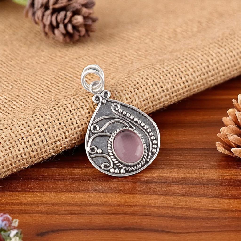 Purple Cat's Eye Gemstone 925 Sterling Silver Jewelry Handcrafted Pendant 1.45" PP-27-37