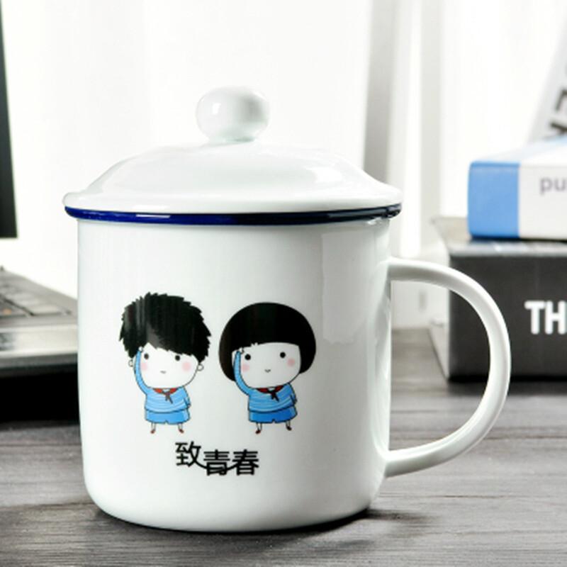 Enamel cup with lid Water cup Enamel teacup Heatable teacup Large capacity retro teacup cup High value and thicker 350ML