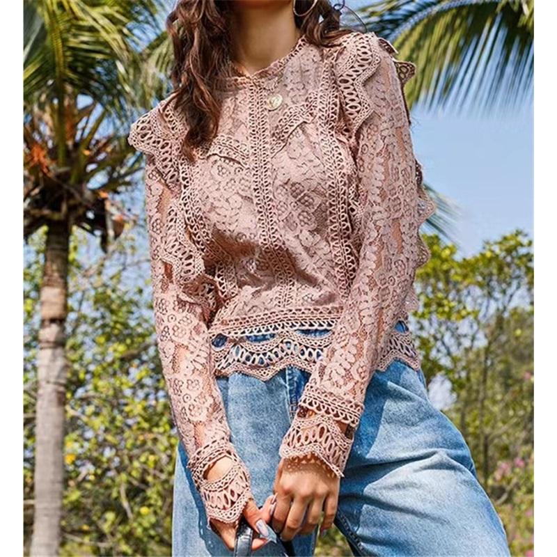 Solid Color Bottoming Sexy Hollow Lace Long-sleeved Women's Lace Shirt Jacket Top